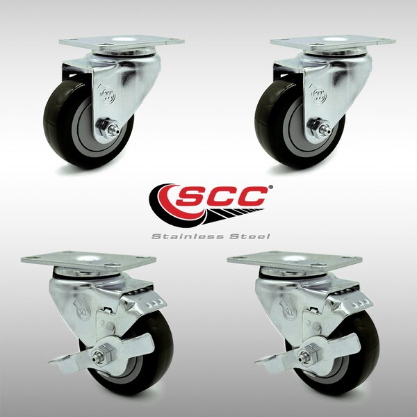 3 Inch SS Black Polyurethane Swivel Top Plate Caster Set with 2 Brakes SCC